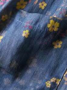 Damen Große Größen Kleinteiliges Blumen Muster Kurzarm Leinenbluse mit Mandarinskragen Künstlerisches Top für Petite, Sommer Leinen Damen Rock, Altes Geld, Boho Rock - Blau - Übersicht 6