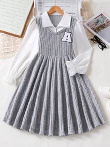Nuevo vestido línea A con cuello y bloque de color para niñas preadolescentes, estilo universitario, para otoño - Gris - Ver 1