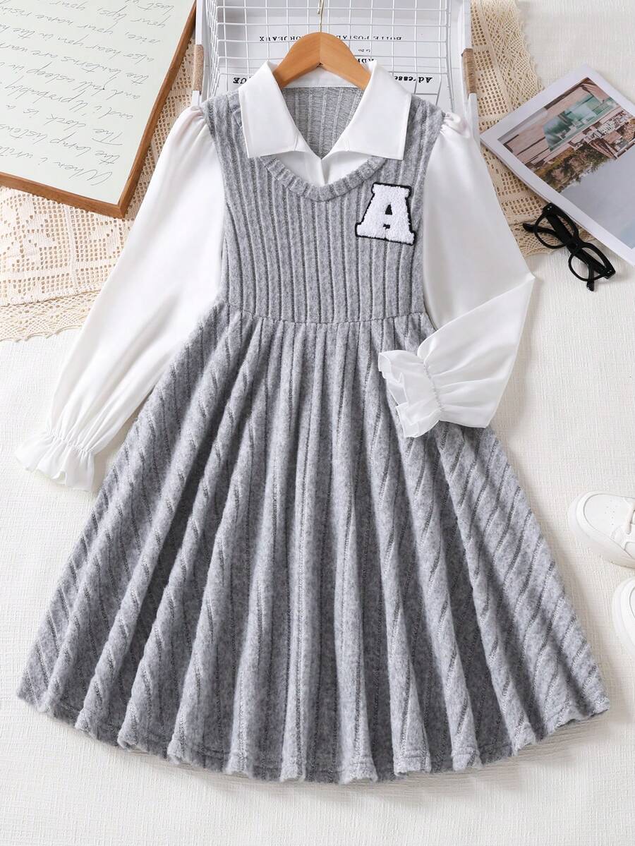 Nuevo vestido línea A con cuello y bloque de color para niñas preadolescentes, estilo universitario, para otoño - Gris - Ver 1