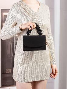 迷人、优雅、精致的灯芯绒手提包，磁性按扣闭合褶皱手腕手包适合女性日常使用、生日派对、婚礼、送给女士和情人节的最佳礼物、派对舞会包 - 黑色 - 查看 5