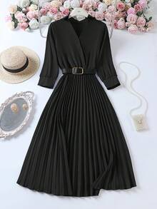 Plus Size Elegant Waist-Cinched Pleated Dress With Belt, Suitable For Spring/Summer, Formal Occasions, Weddings, Birthdays, And Teacher Outfits - Black - View 7