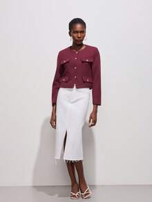 女士优雅休闲粗花呢夹克春秋时尚圆领装饰长袖纯色外套 - 酒紅色 - 查看 5