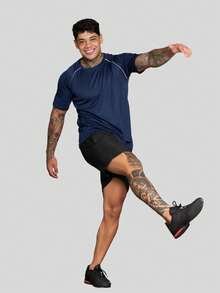 Men's Dry Fit Short Sleeve Sports Shirt, Polyester With Elastane, Training Gym - Navy Blue - View 4