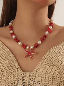 3 Peças Conjunto de Colar e Brincos com Conchas Brancas Estilo Praia, Pedra Natural, Pérola Falsa e Estrela do Mar para Mulheres, Perfeito para Férias na Praia, Festas e Presente do Dia das Mães - Estrela - Visão 6