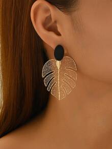 1 Đôi bông tai kim loại rỗng hình lá thời trang cổ điển đa năng, thích hợp đeo hàng ngày - Vàng 983 - Xem 3