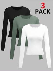 3 Pack Womens Crop Workout Tops Women Pack Summer Gym Athletic Compression Undershirts Cute Tight Basic Tops Tee - 橄欖綠+黑色+白色 - 查看 2