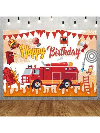 1pc,Firetruck Pattern Photography Backdrop, Suitable For Birthday Party Decoration, ﻿