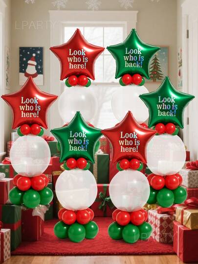 14pcs/Set Christmas Party Decorative Balloons, 18-Inch Red & Green Star & Round Foil Balloons, 18-Inch Clear Latex Balloons, Red & Dark Green Latex Balloons, For New Year, New Year's Eve 2026 Gift Decor