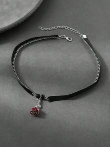 1 件万圣节哥特式油画玫瑰花链流苏颈链，黑色丝带项链，适合女士派对性感服装配饰 - 黑色 - 查看 5