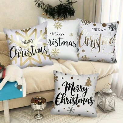 1 件，圣诞装饰靠垫套，圣诞装饰靠垫套，麋鹿圣诞老人图案沙发家居装饰，白色、金色和黑色“圣诞快乐”印花设计枕套，适用于节日装饰，无填充物圣诞装饰圣诞装饰房间装饰家居装饰枕套枕套