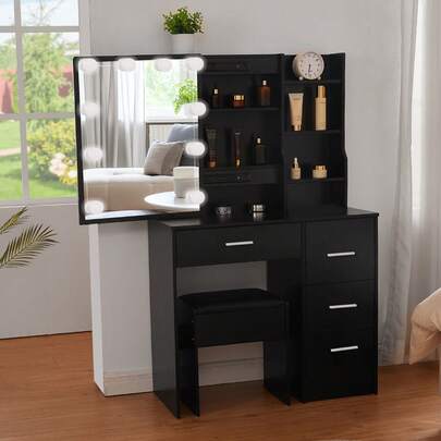 Bedroom Vanity Set With 10 LED Lights Makeup Mirror And 4 Drawers Dressing Desk