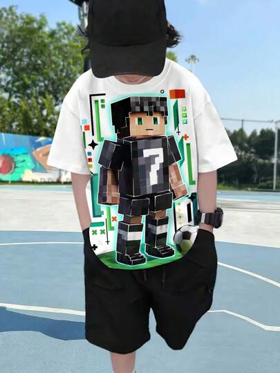 Casual & Fashionable T-Shirt, Cartoon Cool Graphic Crew Neck Short Sleeve, Children's Outdoor Clothing, Popular Hot Selling Item, All Season