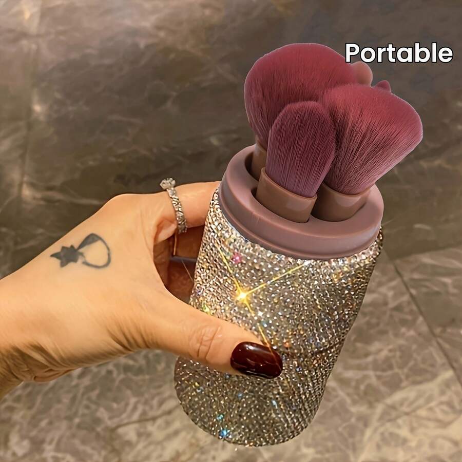 Portable Makeup Brush Set With Glitter Storage Jar, Includes Eyeshadow, Foundation Brushes, Rhinestone Decorated Dust Brush Jar With Lid,Brush Set,Makeup Brush Kit,Make Up Brush Set,Make Up Set Complete,Makeup Brush Set,Complete Makeup Kit,Brush Kit,Brushes Makeup Set,Makeup Gift Set,Set - White - View 1