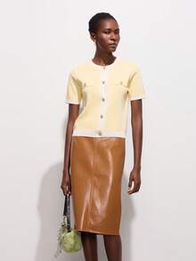 Button Contrast Trim Casual Short Sleeve Knit Cardigan, Summer - Yellow - View 7