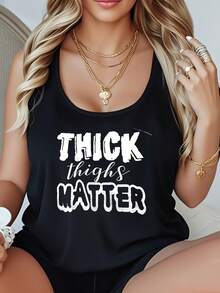 THICK Thighs MATTER Women's Plus Size Graphic Tank Casual Sleeveless T-Shirt Summer Vest Suitable For Daily Home Fitness And Exercise - 黑色 - 查看 1