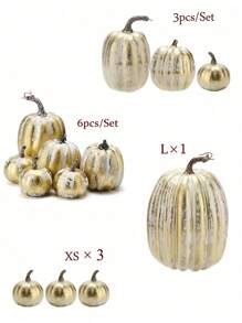 1set Artificial Pumpkins,Gold Plastic Pumpkin,4 Sizes For Halloween Thanksgiving Fall Party Harvest Table Decoration Supply Fake Pumpkin, Thanksgiving,Table Centerpiece Mantle Kitchen Wedding Friends Giving Party Home Decor