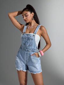Jeanoix 女式口袋做旧休闲牛仔背带短裤 - 淺色水洗藍 - 查看 3
