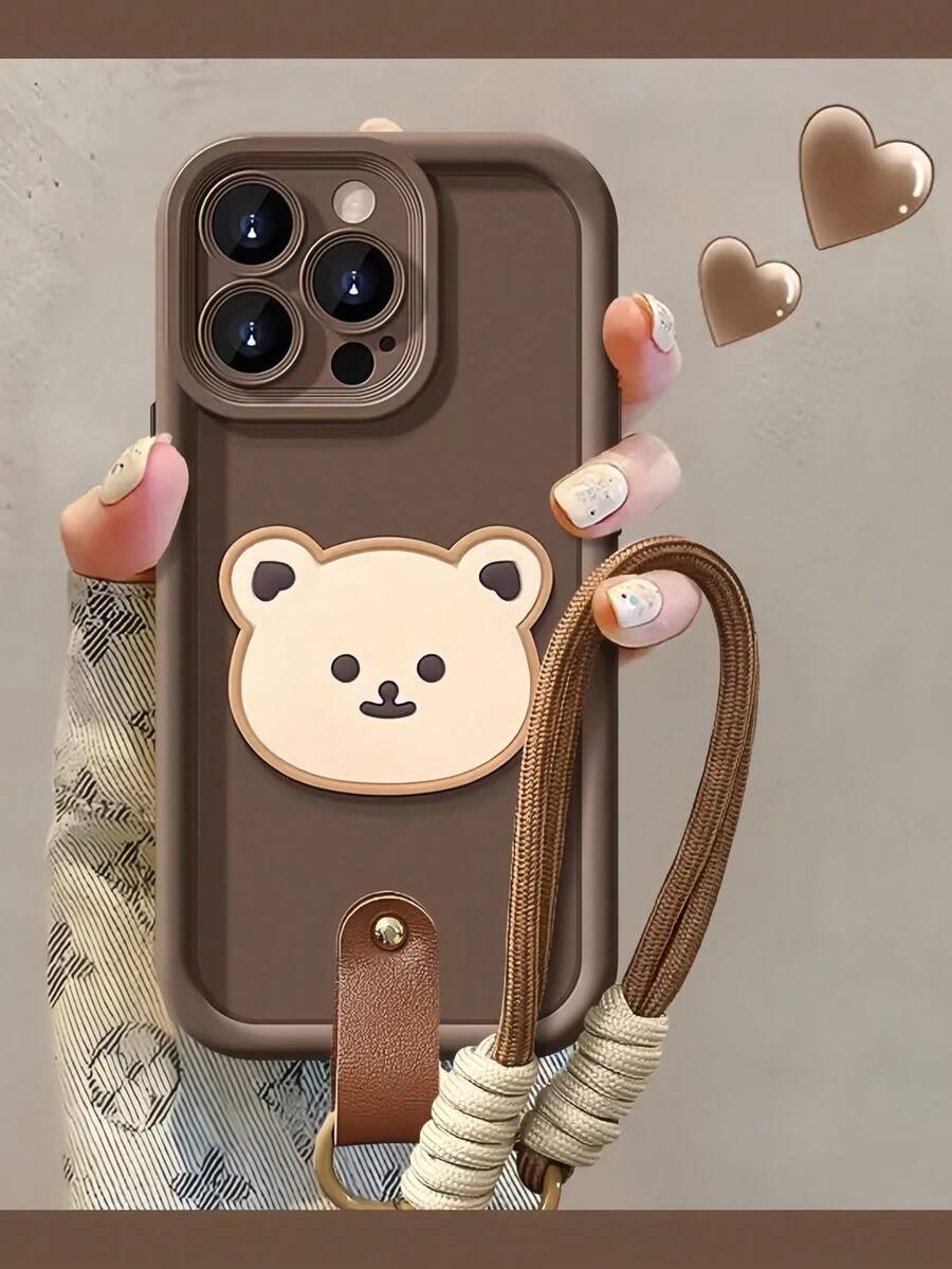 1个叠叠相框，可爱3D多巴胺熊设计，带防丢挂绳的手机壳，兼容 12/13 Pro Max，柔软硅胶边框保护套，简约设计，可爱卡通风格，完美保护您的手机，也适用于荣耀X7/三星Galaxy A56 5G/Infinix Smart 8/Infinix Hot 40i/Spark 20/Spark 20C/Spark Go 2024/红米Note 14 5G/摩托罗拉Moto E22/E22i/OPPO A54，国际版，非国内版。 - 咖色掛繩 - 查看 1