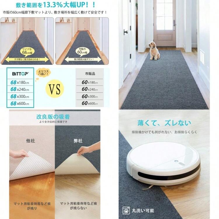 廊下敷き マルチロールカーペット 吸着マット 足腰負担軽減 洗える 600*68cm 厚み4mm ずれない キッチンマット 階段カーペットマ 廊下敷き マルチロールカーペット 吸着マット 足腰負担軽減 洗える 600