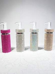 1 件可再填充 200 毫升水钻镶嵌乳液分配器泵瓶，奢华闪亮风格，无缝圆柱形，带全水钻图案