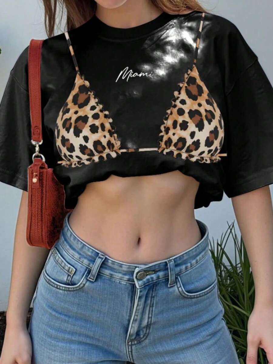 Playera estampado bikini bra grafico animal print cuadros Colorblock Playa - Negro - Ver 1