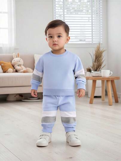 Toddler Baby Boys Fall Winter Outfits Long Sleeve Contrast Color Sweatshirt Pullover T Shirt With Elastic Waist Sweatpants Baby Boys Tracksuit Sets 2pcs Clothes For Little Boys