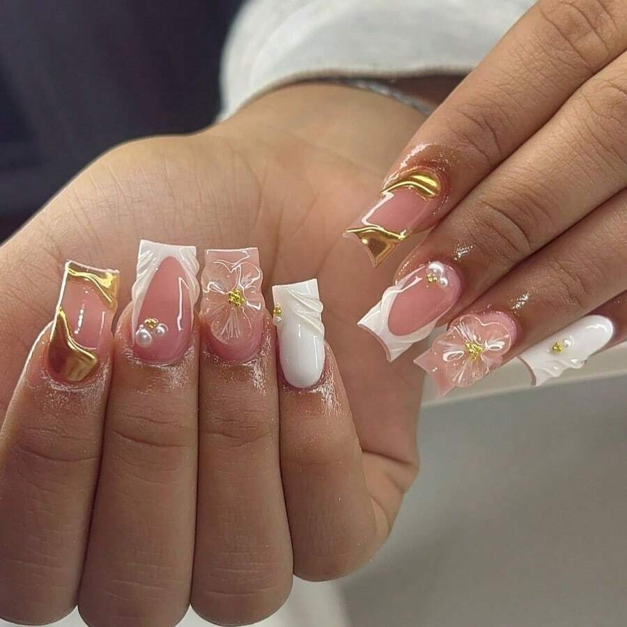 MSpring French Pr On Nails Medium Square White Fake Nails 3D Pink Flower Nail Pr Ons With Gold Pearl Design Gold Nail Tip False Nails Summer Stick On Nails Full Cover Glue On Nails For Women8001 - 金-2 - 查看 1