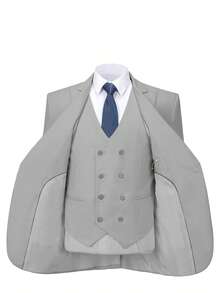 3PCS Plus Size Mens Suit Formal Business Wedding Prom Suit Male Groom Tuxedo, Solid Color, Blazer+Vest+Pant, Modern Fit Wedding Party Dinner Formal, Long Sleeves, Double Breasted, Machine Washable, Spring/Fall - Màu Xám nhạt - Xem 3