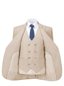 3PCS Plus Size Mens Suit Formal Business Wedding Prom Suit Male Groom Tuxedo, Solid Color, Blazer+Vest+Pant, Modern Fit Wedding Party Dinner Formal, Long Sleeves, Double Breasted, Machine Washable, Spring/Fall - Màu be - Xem 3