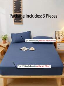 3 件深蓝色柔软舒适床上用品套装（1 张床单 + 2 个枕套），适合卧室和客房，四季皆宜