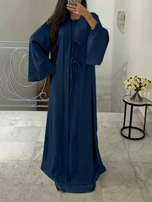 Women's Elegant Middle Eastern Style Sleeveless Robe And Bowknot Long Cardigan Two Pieces Set Eid Spring - Navy Blue - View 7
