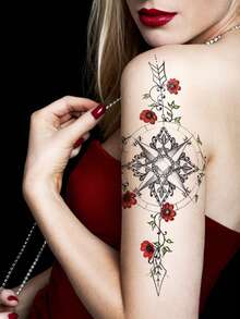 1 张大尺寸人体艺术临时纹身贴纸，适用于女性，线性箭头指南针玫瑰花朵图案，防水假纹身，持续 2-5 天，遮盖疤痕，可用于手臂手腕肩膀腿腰颈部手胸部大腿手指 - 黑色 - 查看 4