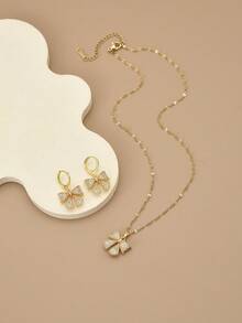 1 件时尚全水钻方晶锆石蝴蝶不锈钢女士项链，1 对时尚全水钻方晶锆石蝴蝶不锈钢女士耳环 - 金黃色 - 查看 8