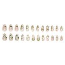 M24Pcs Green Pr On Nails Medium Almond Fake Nails White Pink Flower With Pearl Rhinestones Designs Full Cover Gold French Tip Nails Bow Stick On Nails Handmade False Nails For Women Acrylic Nails8001 - 綠色 - 查看 5