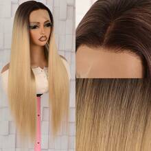 Brown Blonde Ombre Color Wigs Long Silky Straight Lace Front Wig Colorful Glueless Lace Front Synthetic Halloween Wig Heat Resistant Fiber Hair Replacement Wig For Women Cosplay Party & Daily Use