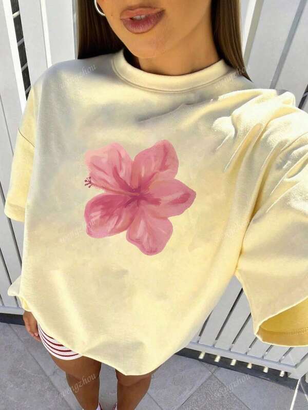 Nova camiseta feminina com estampa floral, macia e versátil, gola redonda, casual, primavera/verão