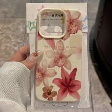 1pc White Textured Matte Minimalist Lens Protection Phone Case With 7pcs Cute Red Orchid Flower Pattern, Compatible With IPhone 16 Pro Max, 15, 14 Plus, 13, 12, 11 Waterproof Shockproof Anti-Fall Scratch Resistant