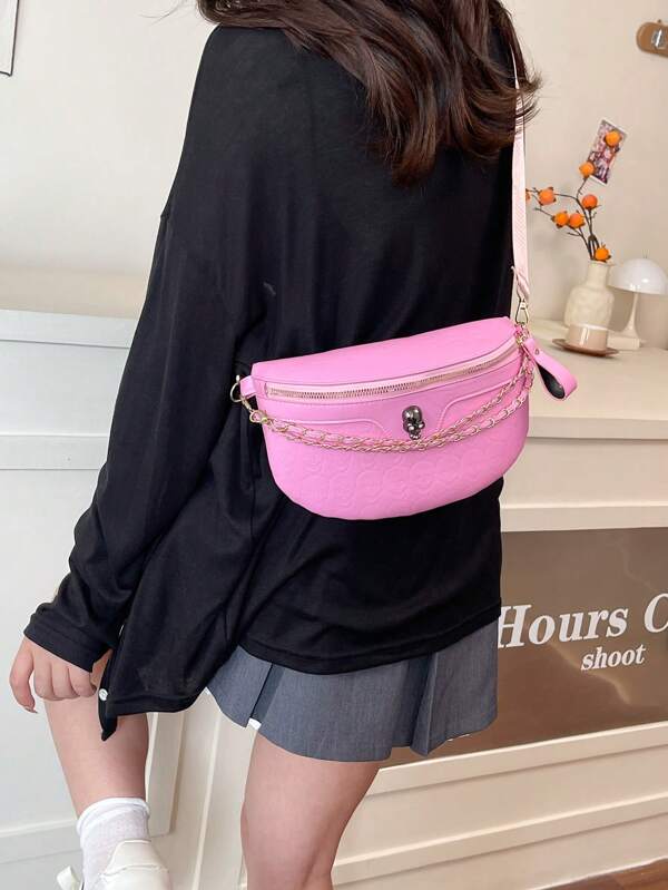 1pc Women Skeleton Print Fanny Pack Chest Bag With Metal Chain, Adjustable Shoulder Strap, Zipper Closure, Suitable For Holiday, Sports, Halloween, As Gift, Brand Handbag