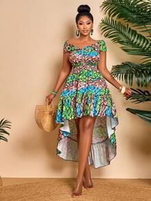 BIUBIU Women's Colorful Sexy Deep V-Neck Sleeveless Criss-Cross Backless Tie Waist High-Low Hem Dress, Bohemian Style For Summer Vacation, Random Pattern - Teal - View 5