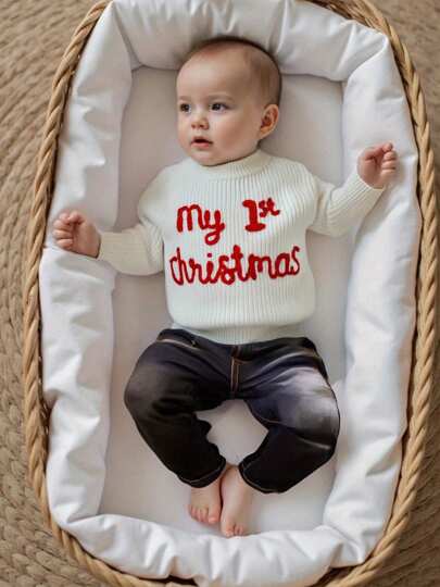 My 1st Christmas Outfit Newborn Baby Boy Girl Knit Sweater Long Sleeve Knitwear Oversized Sweatshirt Crewneck Pullover Sweaters Warm Tops Xmas Winter Clothes