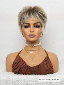 Brazilian Wig 8" Short Straight Layered Grey Wig, Natural Look For Parties, Mother's Day & Casual Attire, Party Accessories, Natural Wig., Halloween - Blonde Highlight - View 3
