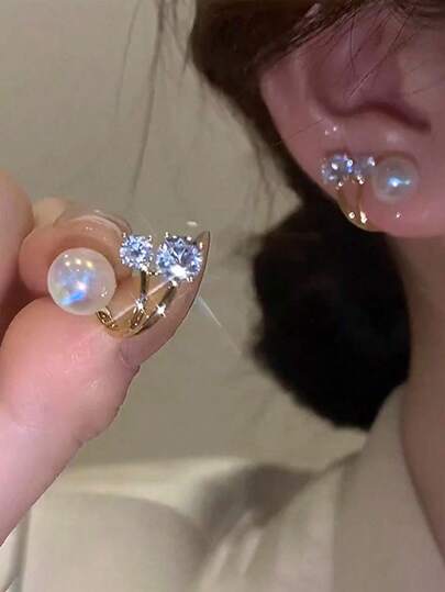 1 Pair Women's Mermaid Faux Pearl Stud Earrings, New Dual-Wear Design With Rhinestones, Bridal Earrings Valentine's Day Accessories