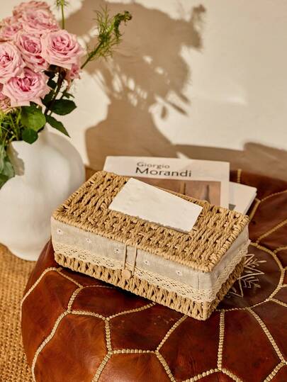 Cirelle 1 pieza Soporte de caja de pañuelos tejido estilo retro, caja de pañuelos rectangular con tapa, soporte de caja de pañuelos de ratán/mimbre, soporte de caja de pañuelos decorativo estilo bohemio, adecuado para baño, dormitorio, estantería, sala de estar, caja de pañuelos tejida a mano con tapa, forro, contenedor de pañuelos, adecuado para el hogar, restaurante, hotel, diseño minimalista moderno, adecuado para la oficina