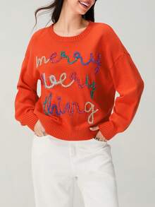 Women's Christmas Ribbed Sweaters Contrast Color Letter Long Sleeve Round Neck Knitted Tops - Red - View 5