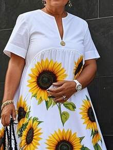 Summer Fall Curvy Dresses For Women 2025 New Sunflower Print Plus Size Loose V-Neck Short Sleeves Pleated Applique Midi Dress Vacation Outfits Woman - 白色 - 查看 2