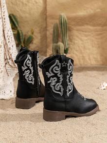 儿童靴子，百搭户外时尚童鞋，舒适内衬西部公主靴，带可爱刺绣 - 黑色 - 查看 3