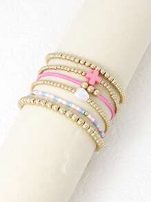 6 Stücke modisches, zartes goldenes CCB Perlen Kreuz Mehrschicht Stapelarmband Set, geeignet für den täglichen Gebrauch, Dates, Partys und als Geschenk für Frauen