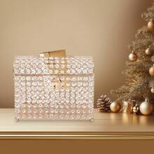 Crystal Wedding Card Box With Heart Lock, Money Card Box Treasure Chest Style Gold Gift For Wedding Receptions, Centerpiece Decor, Anniversary, Keepsake - Vàng - Xem 1