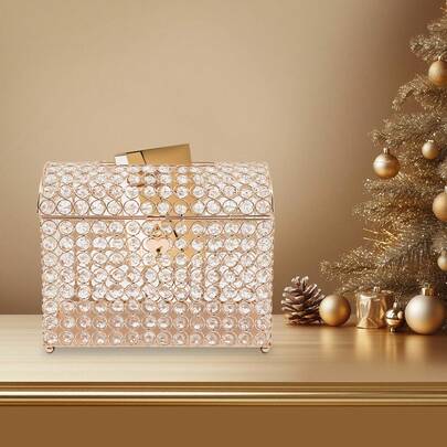 Crystal Wedding Card Box With Heart Lock, Money Card Box Treasure Chest Style Gold Gift For Wedding Receptions, Centerpiece Decor, Anniversary, Keepsake