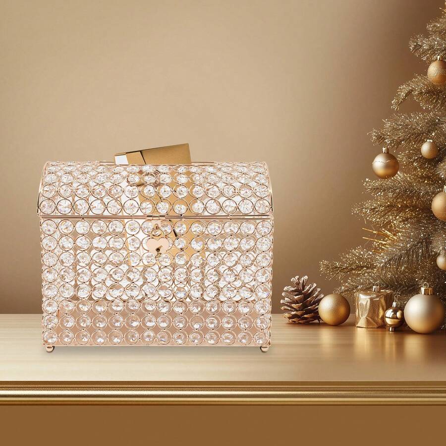 Crystal Wedding Card Box With Heart Lock, Money Card Box Treasure Chest Style Gold Gift For Wedding Receptions, Centerpiece Decor, Anniversary, Keepsake - Vàng - Xem 1